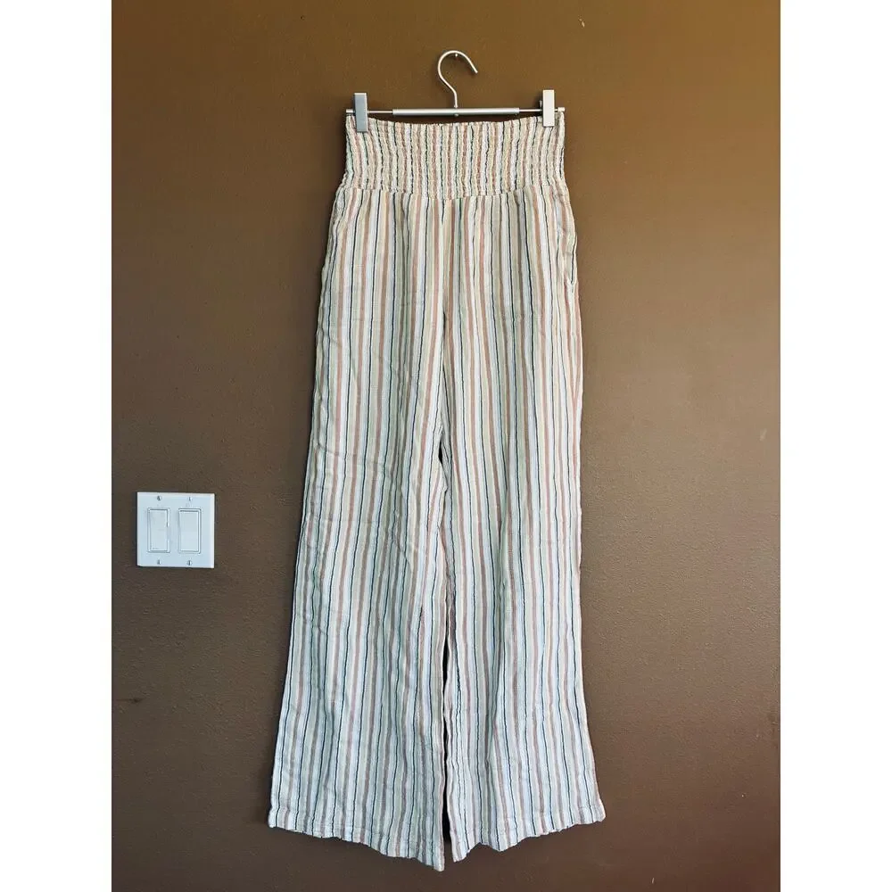 Billabong Pant Wide Leg New Waves Neutral Stripes Cotton Gauze Pockets Size Med - Picture 4 of 11